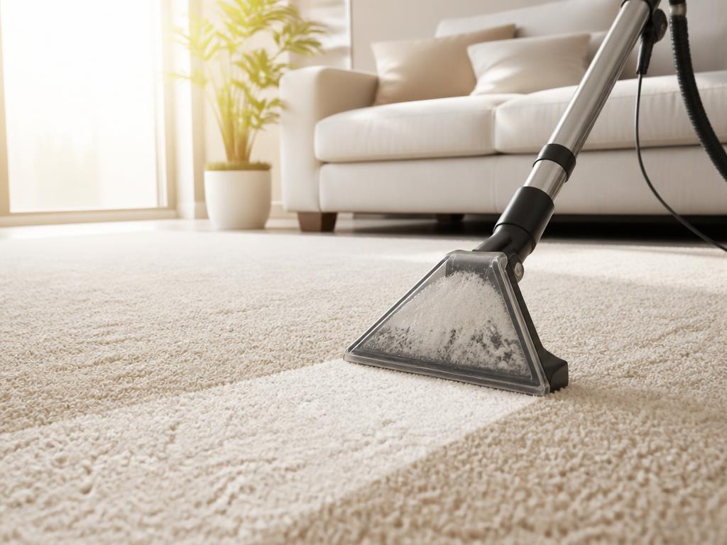 Professional carpet extraction machine cleaning a plush living room carpet