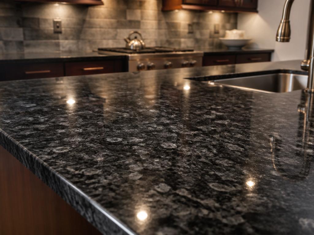 Polished dark granite kitchen countertop reflecting warm light
