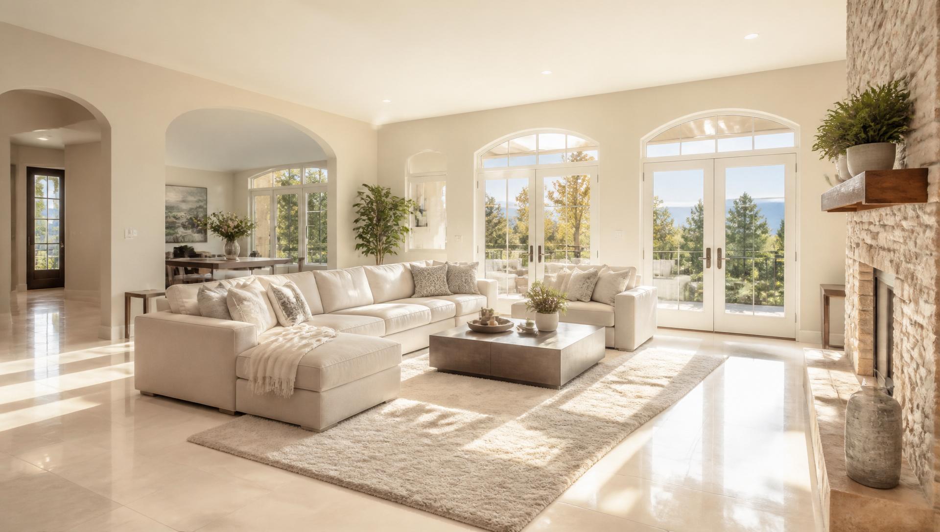 Bright, clean living room with gleaming floors and sunlight through clean windows