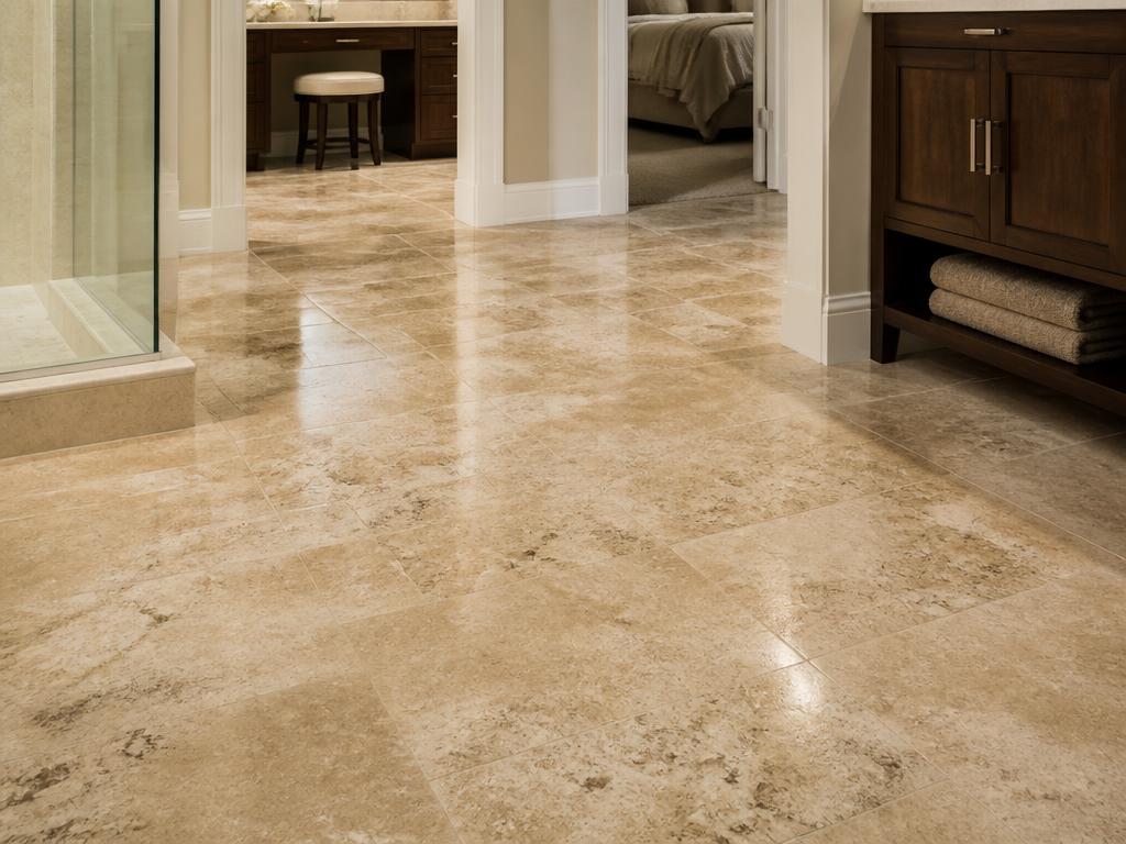 Polished travertine stone flooring in an elegant bathroom