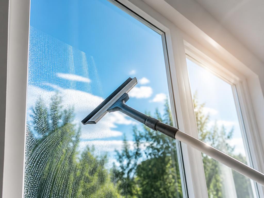 Squeegee cleaning a bright residential window with a clear blue sky
